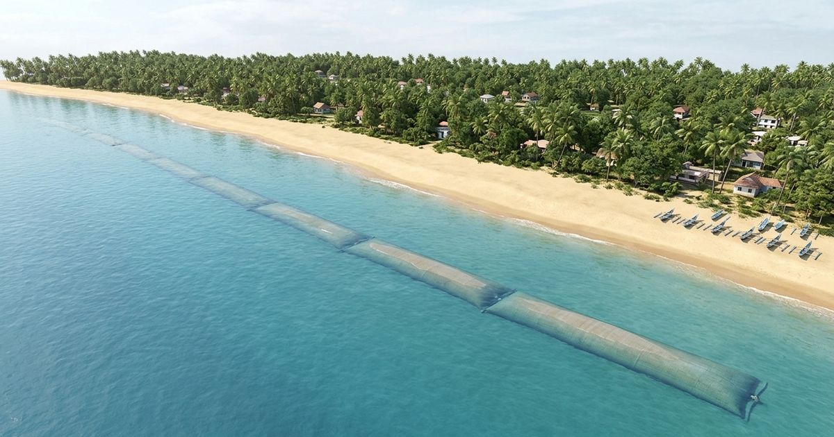 �ndia afunda tubos gigantes de tecido cheios de areia a 6 metros de profundidade para criar uma barreira invis�vel contra as ondas e reconstruir praias que est�o desaparecendo